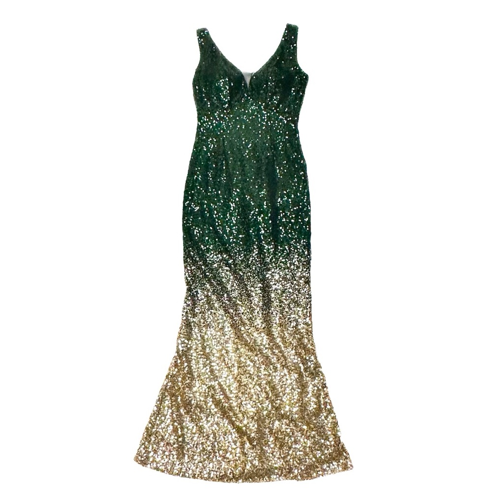 V-Neck Mermaid Green / Gold Gradient Sequined Evening Dress Retro Prom Ballgown